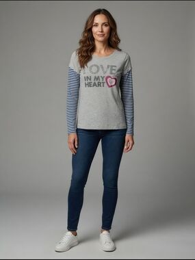 Striped Sleeve 'Love in My Heart' Long Sleeve Tee - Gray
